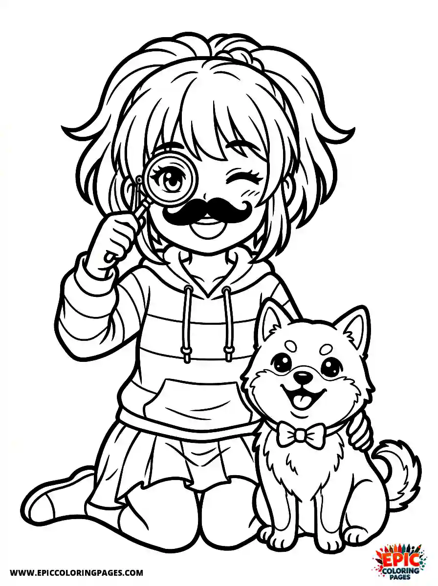 Girl with Dog Easy girl with dog manga style wearing a fake mustache holding a monocle
