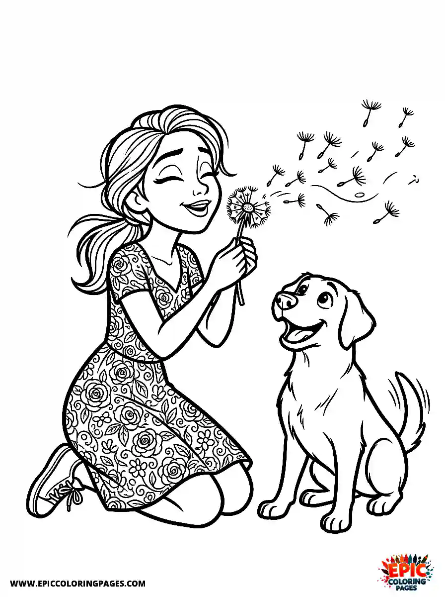 Girl with Dog Easy girl with dog pixar style blowing dandelion seeds wearing a floral dress
