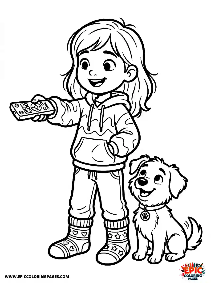 Girl with Dog Easy girl with dog pixar style pointing a television remote wearing cozy socks
