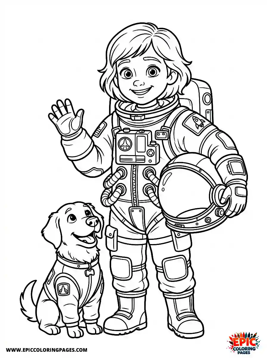 Girl with Dog Easy girl with dog pixar style wearing a heavy astronaut suit holding a space helmet