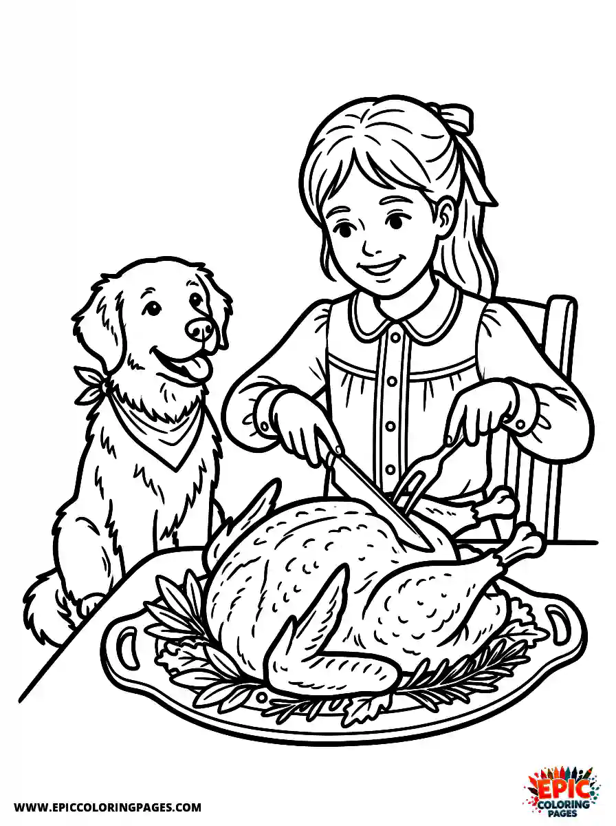 Girl with Dog Easy girl with dog realistic carving a roasted turkey thanksgiving wearing an elegant dinner blouse