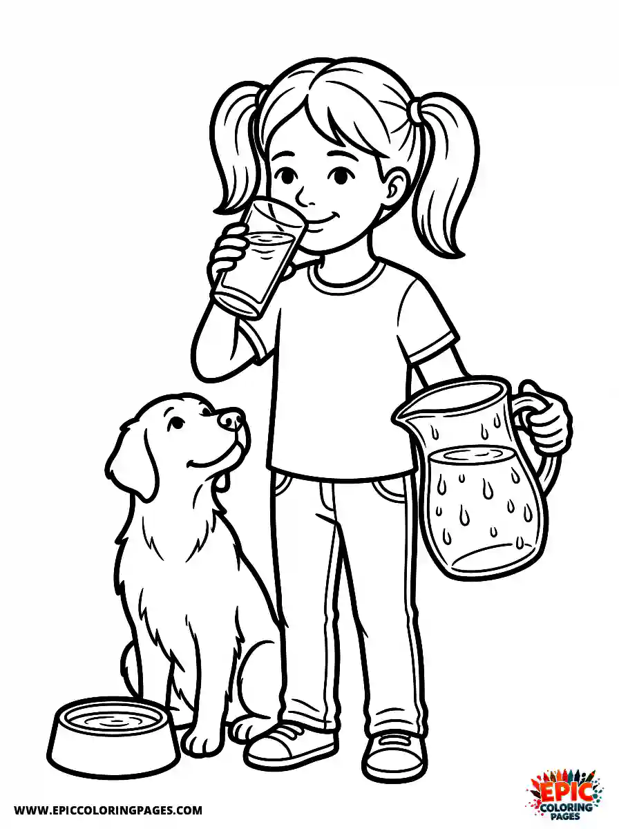 Girl with Dog Easy girl with dog realistic drinking a tall glass of water holding a condensation covered pitcher