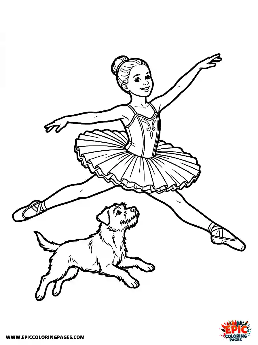 Girl with Dog Easy girl with dog realistic performing a grand jete ballet leap wearing a structured tutu