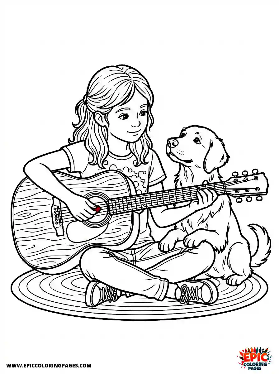 Girl with Dog Easy girl with dog realistic playing a wooden acoustic guitar holding a guitar pick
