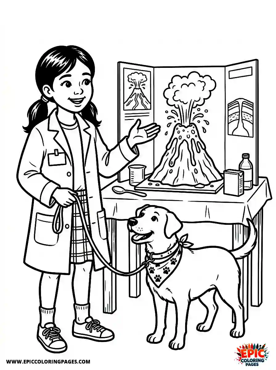 Girl with Dog Easy girl with dog realistic presenting a science fair volcano wearing a white lab coat