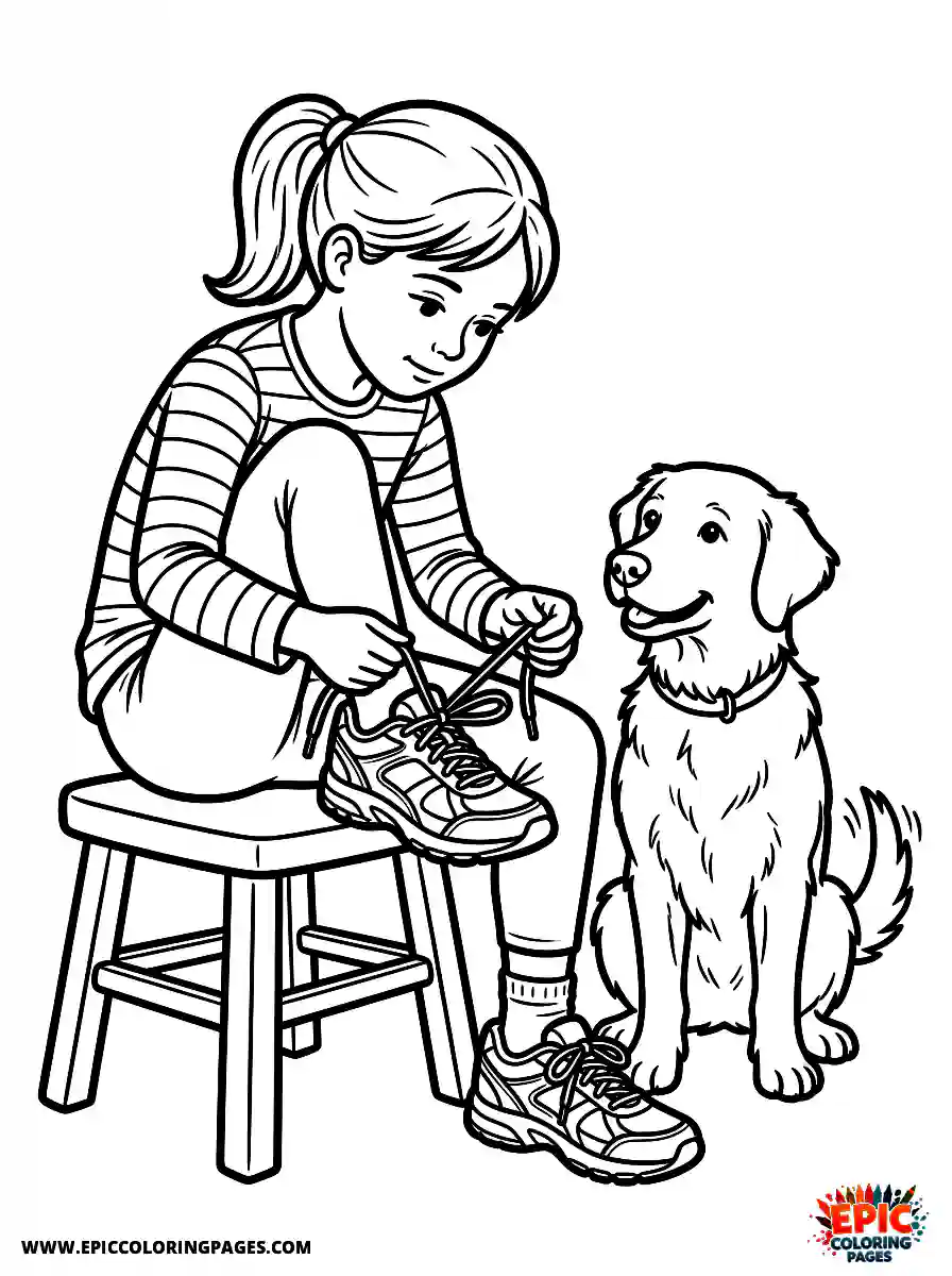 Girl with Dog Easy girl with dog realistic tying tight shoelaces wearing comfortable running sneakers