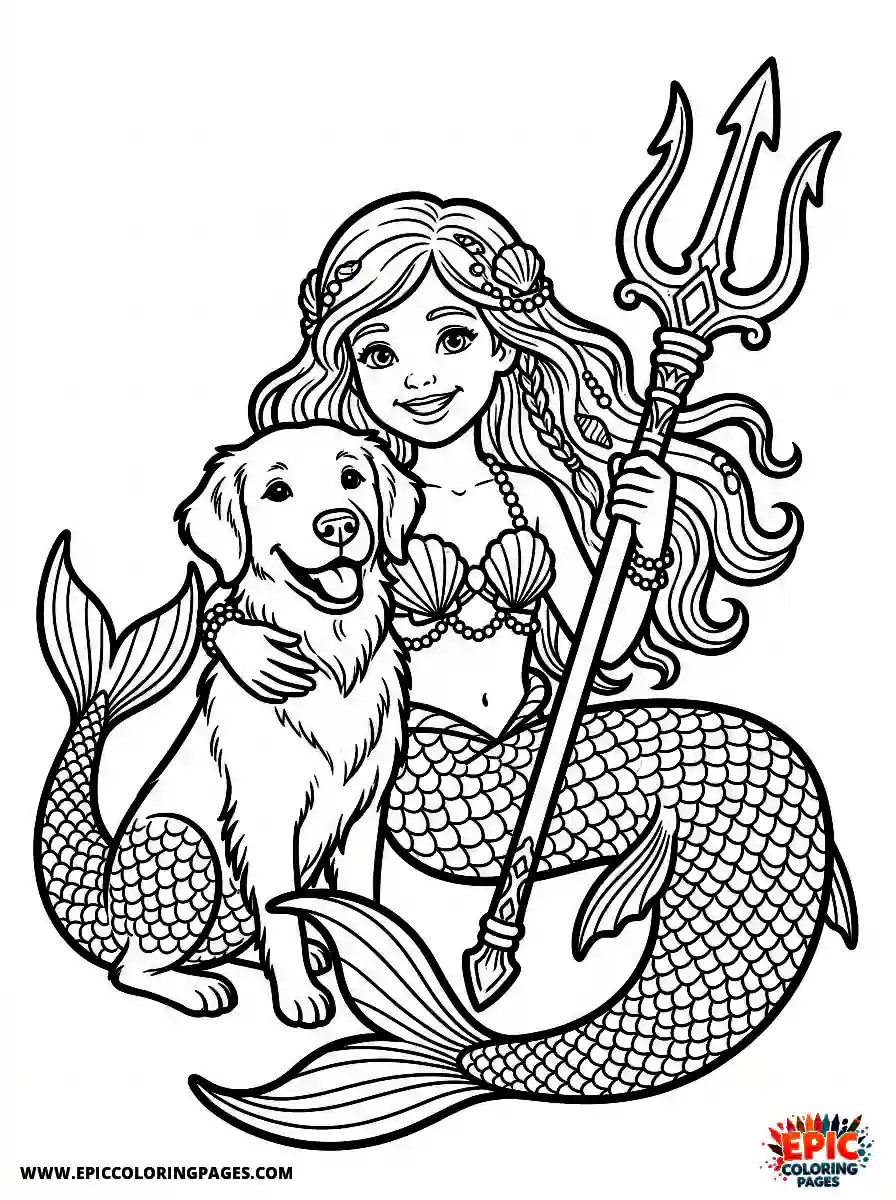 Girl with Dog Easy girl with dog realistic wearing a realistic mermaid tail holding a large trident