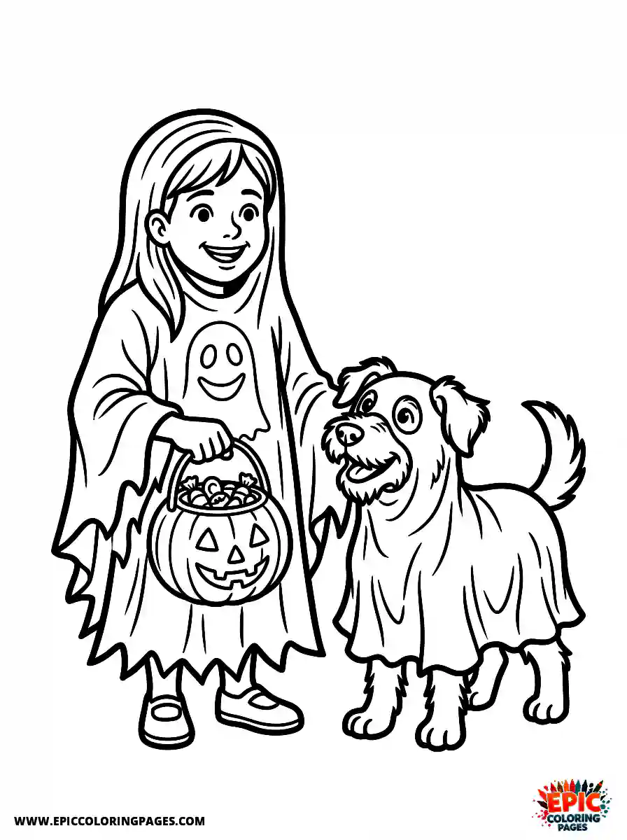 Girl with Dog Easy girl with dog realistic wearing a spooky ghost costume holding a plastic candy bucket