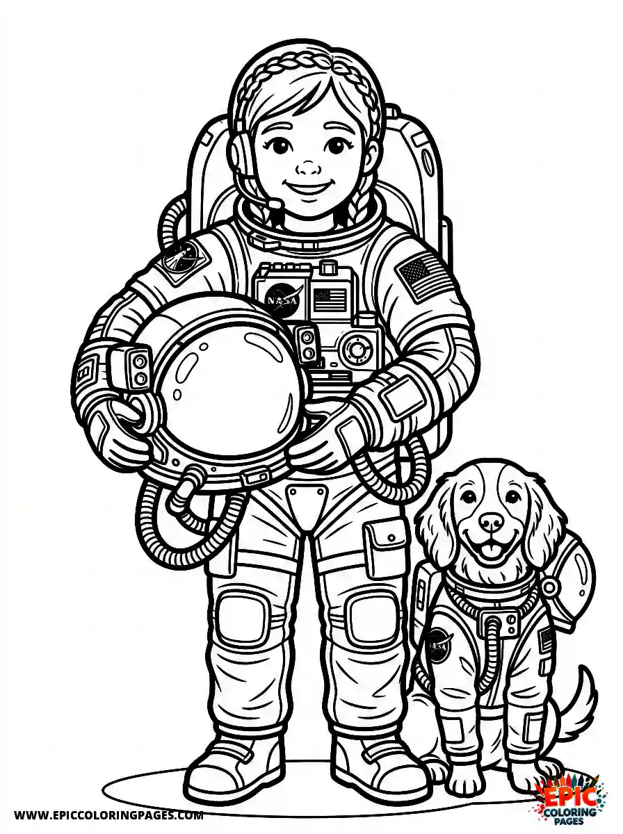 Girl with Dog Easy girl with dog realistic wearing an authentic astronaut spacesuit sci fi holding a heavy oxygen helmet