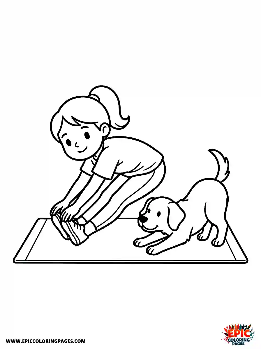 Girl with Dog Easy girl with dog stretching on a yoga mat wearing athletic leggings
