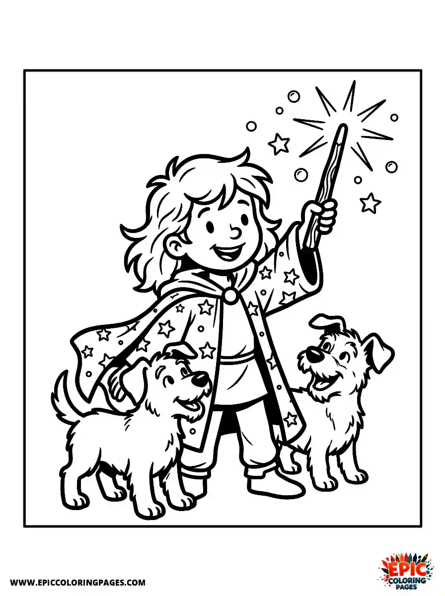 Girl with Dog Easy girl with dog waving a glowing magic wand wearing a starry cloak