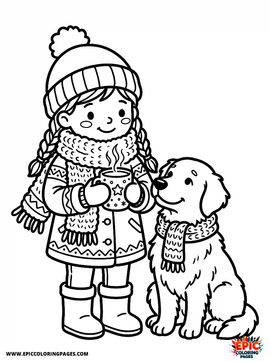 Girl with Dog Easy girl with dog wearing a fluffy winter scarf holding a hot cocoa mug