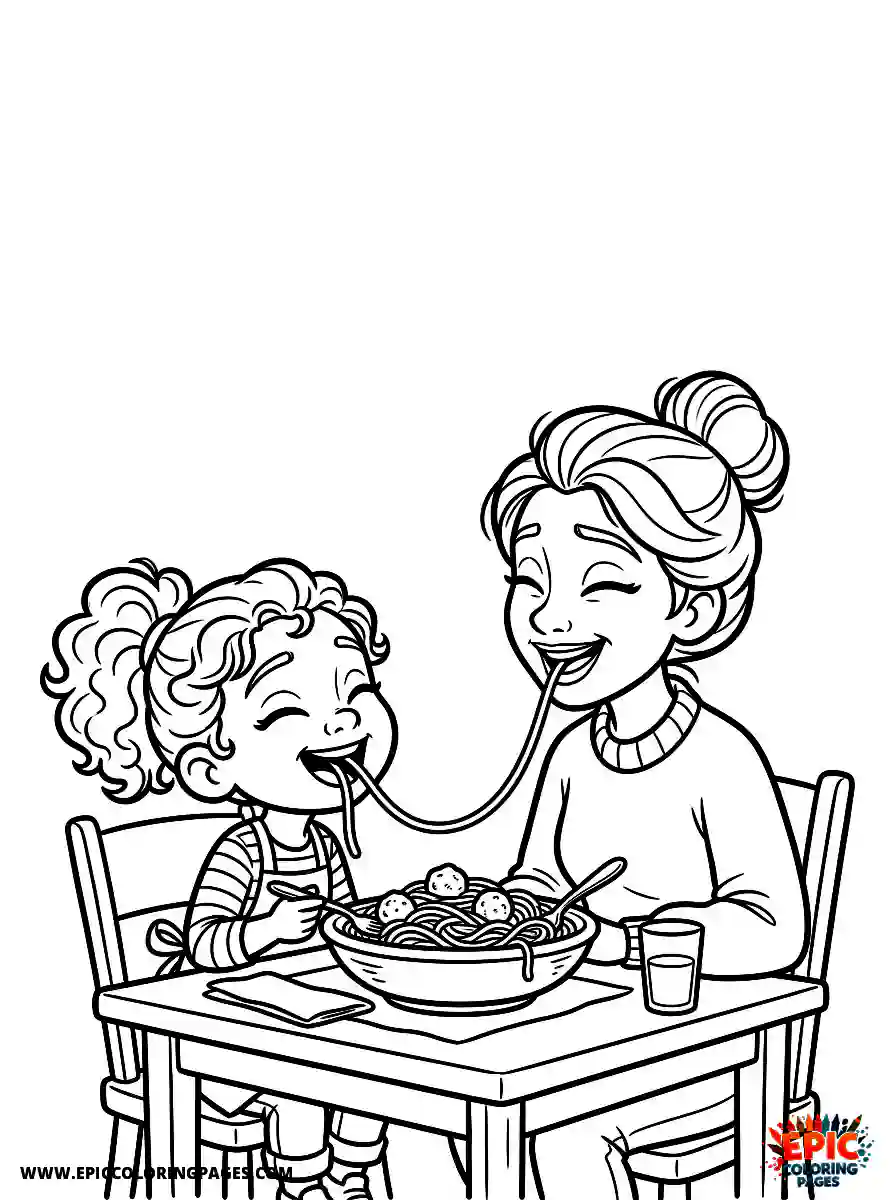 Girl and Mom Girl and mom 3d disney style eating spaghetti sharing one long noodle