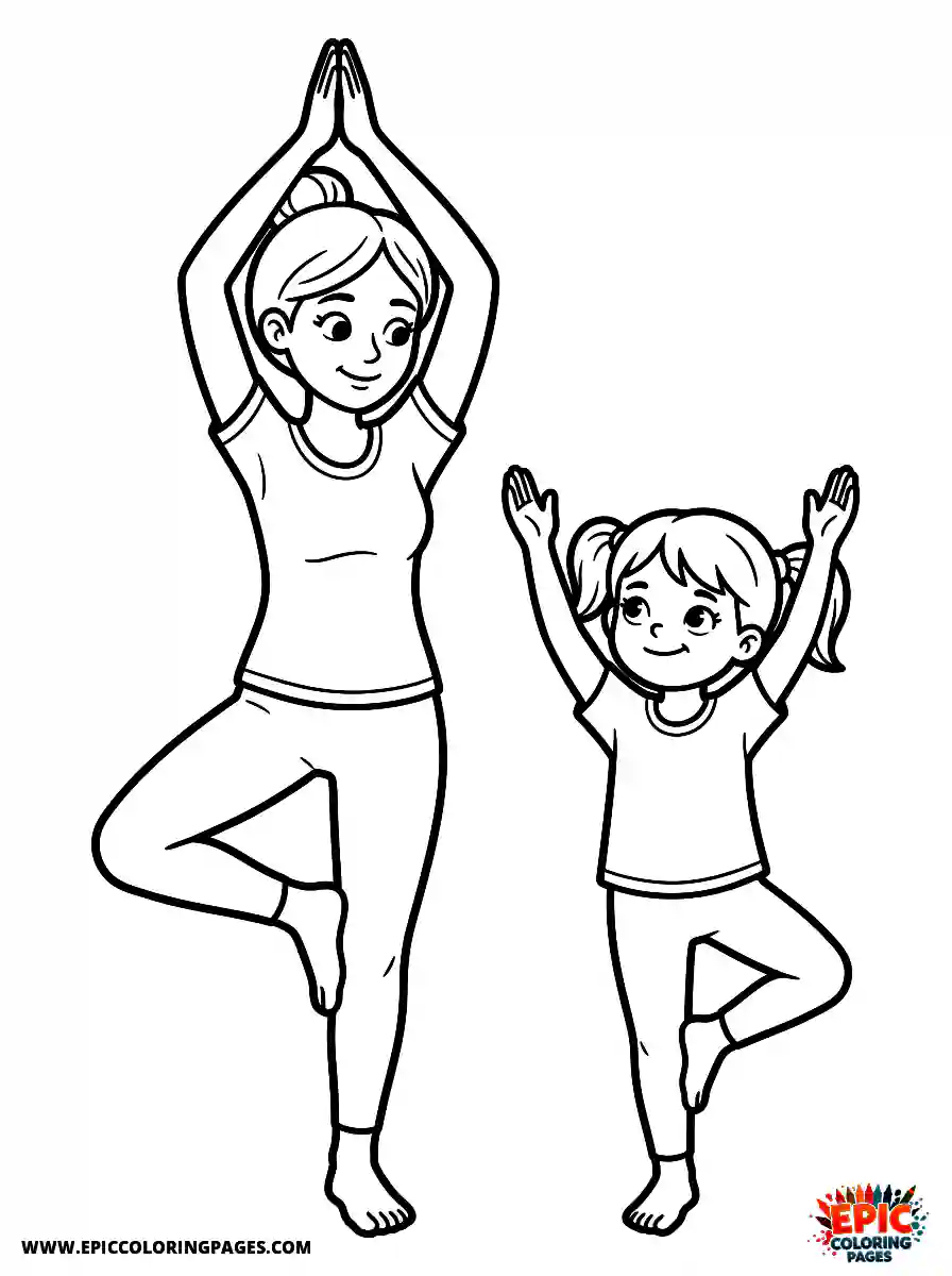 Girl and Mom Girl and mom adorable style doing yoga wearing workout clothes