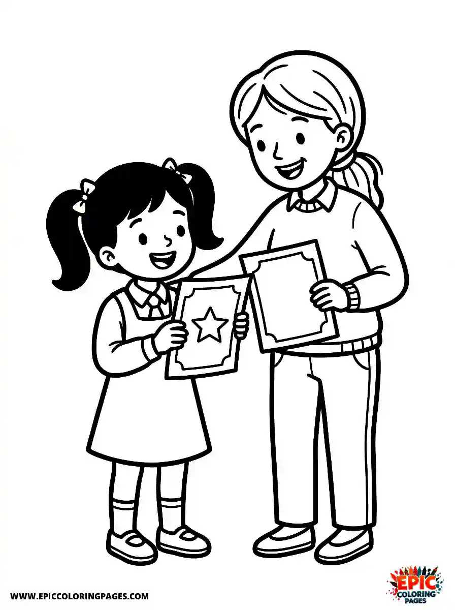 Girl and Mom Girl and mom comparing test grades holding paper sheets