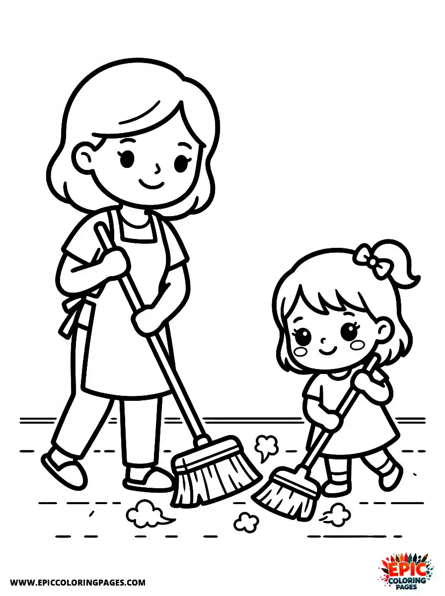 Girl and Mom Girl and mom kawaii style sweeping floors chore routine holding a broom
