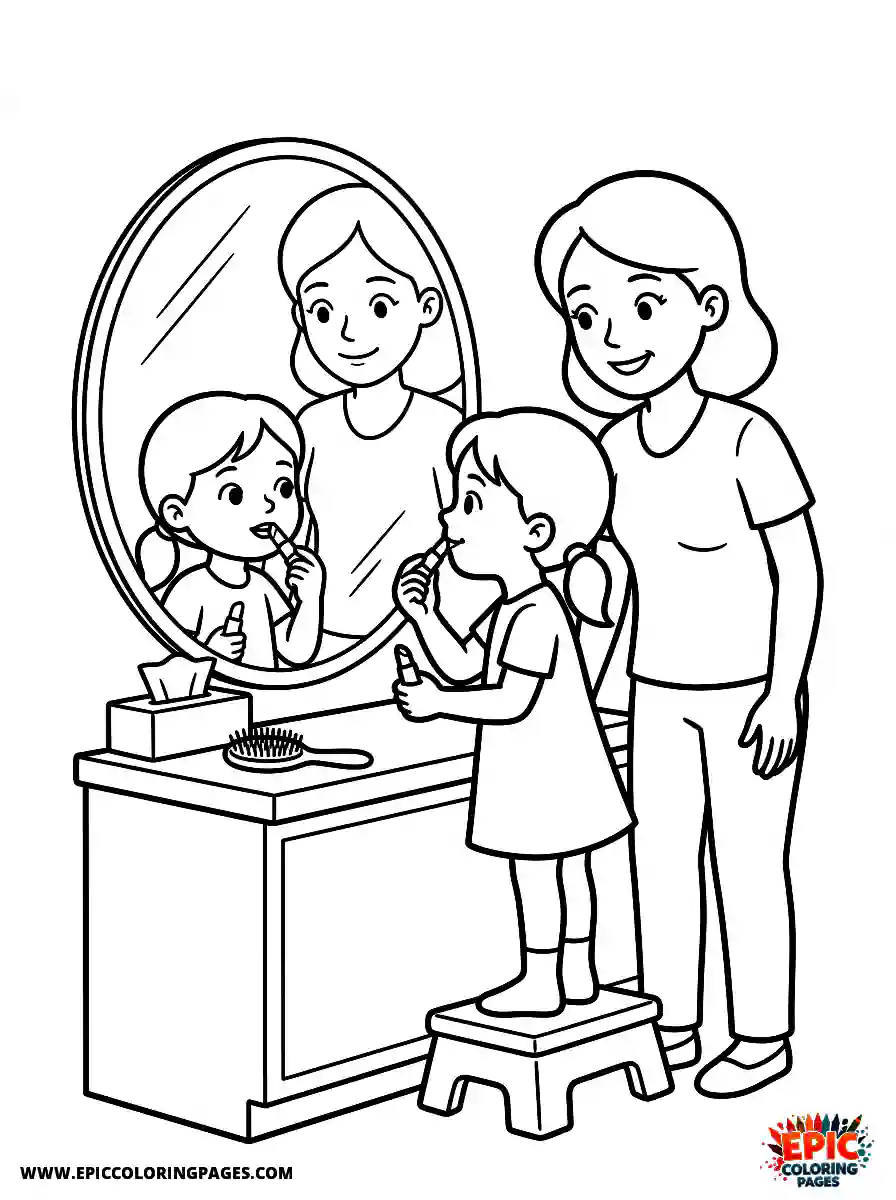 Girl and Mom Girl and mom putting lipstick on a mirror reflection