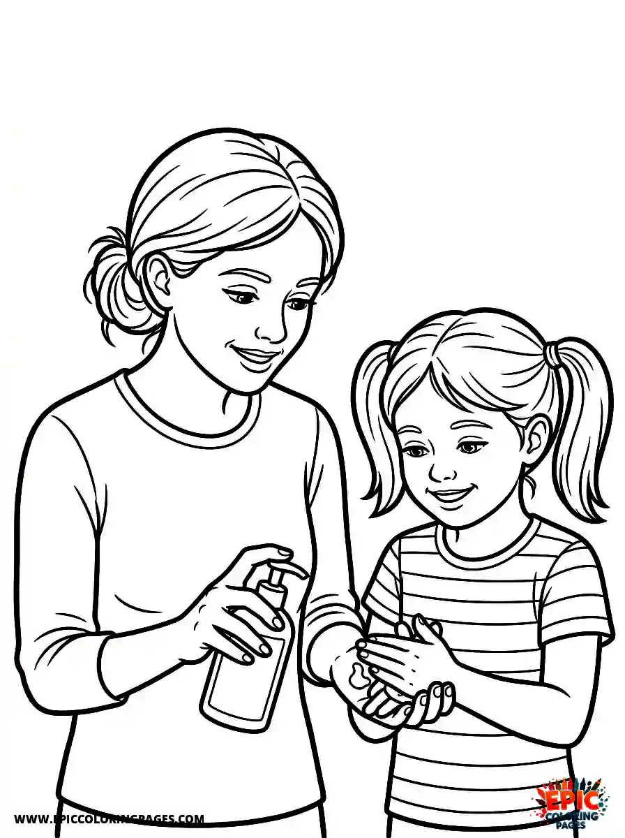 Girl and Mom Girl and mom realistic applying hand sanitizer hygiene routine rubbing palms together