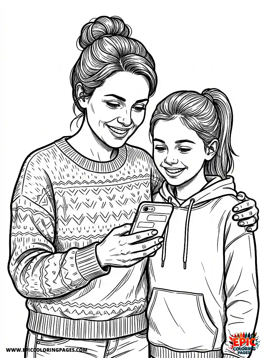Girl and Mom Girl and mom realistic checking a smartphone message modern life smiling at the screen