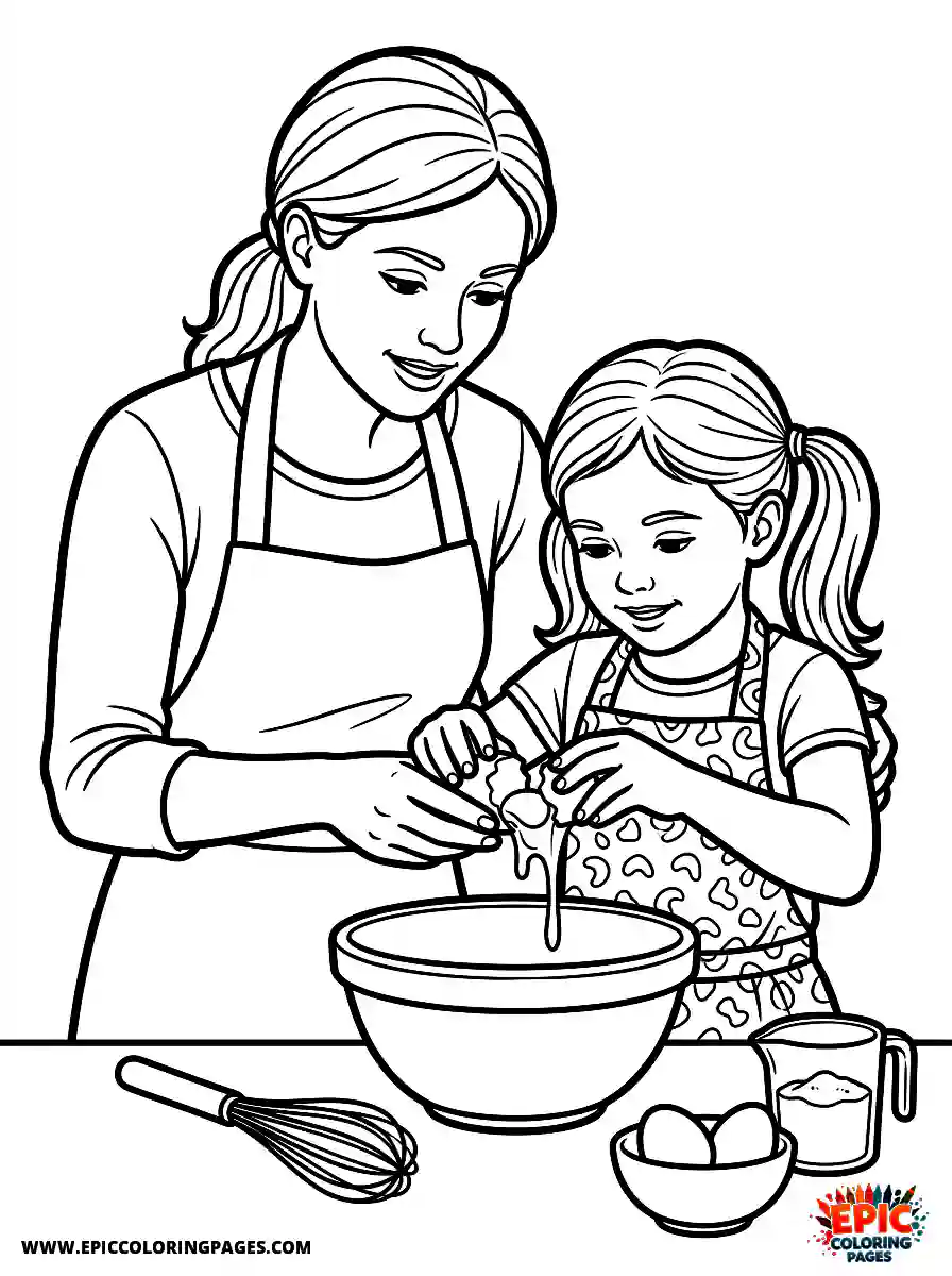 Girl and Mom Girl and mom realistic cracking a raw egg baking prep holding the shell halves