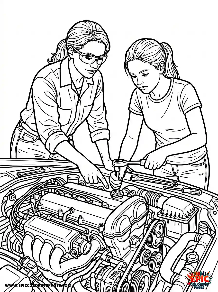 Girl and Mom Girl and mom realistic fixing a car engine mechanical holding a wrench