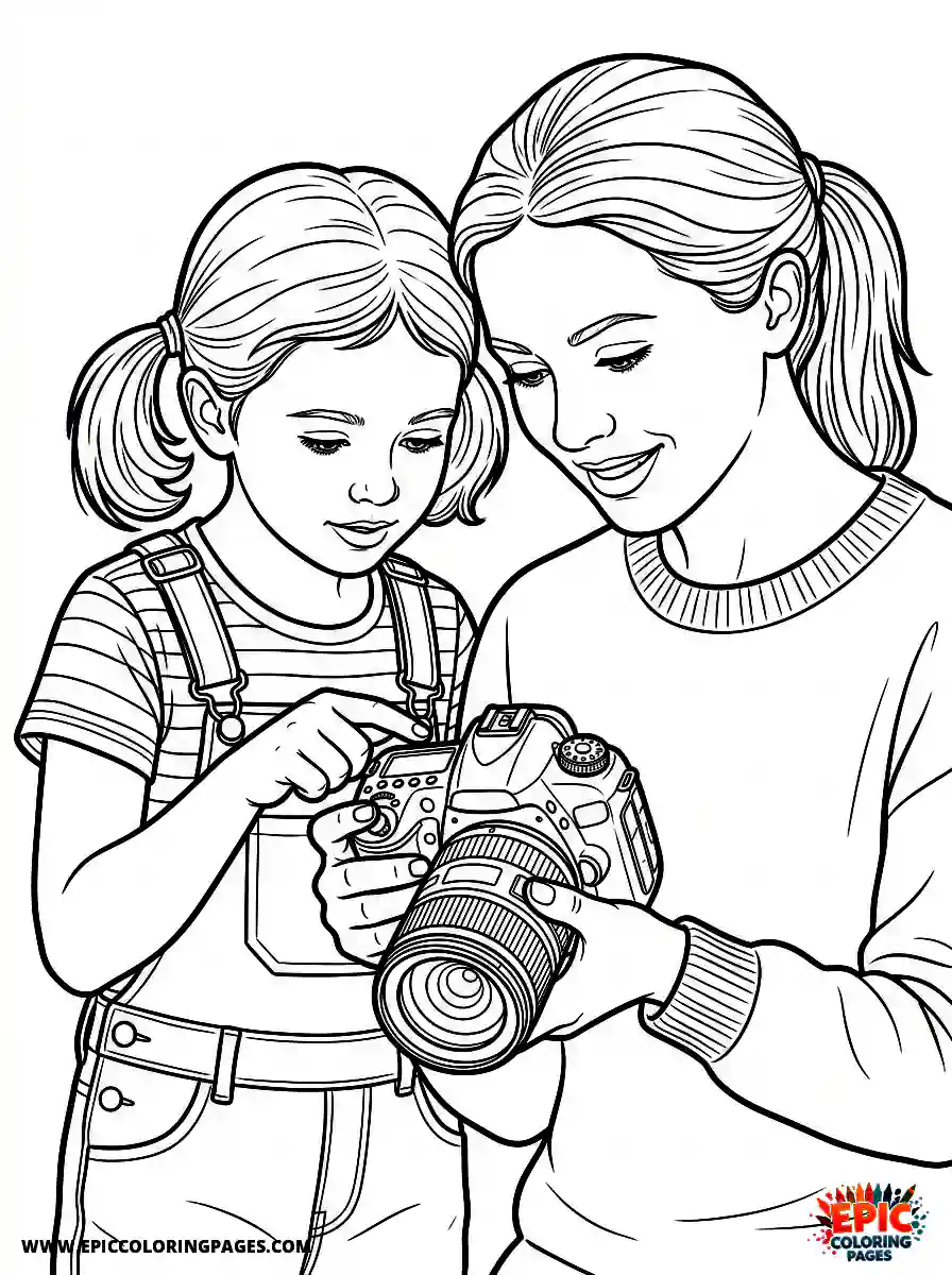 Girl and Mom Girl and mom realistic inspecting a camera lens photography hobby holding a dslr body