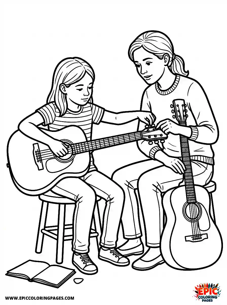 Girl and Mom Girl and mom realistic practicing acoustic guitar music practice tuning the strings