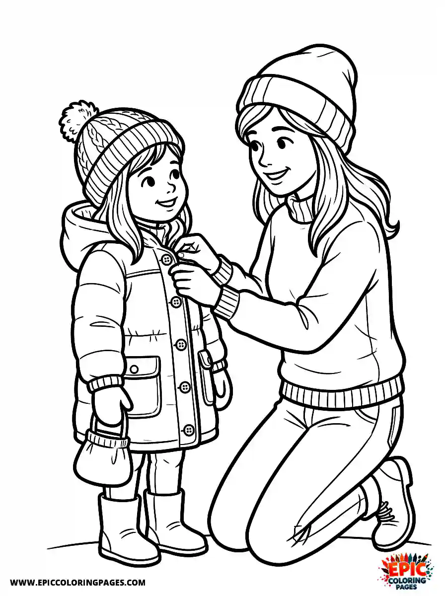 Girl and Mom Girl and mom realistic putting on a winter coat cold weather buttoning the front