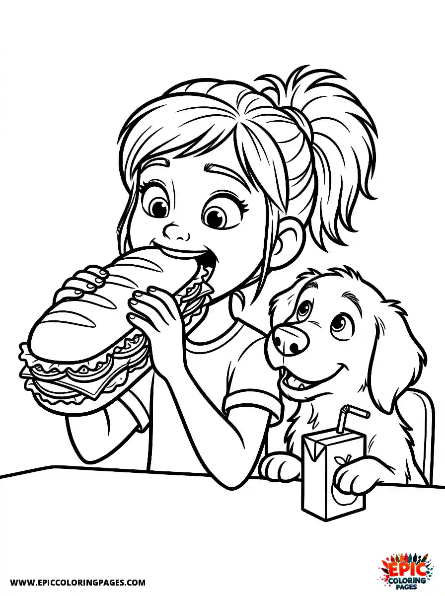 Girl with Dog Girl with dog 3d disney style biting into a huge sandwich holding a juice box