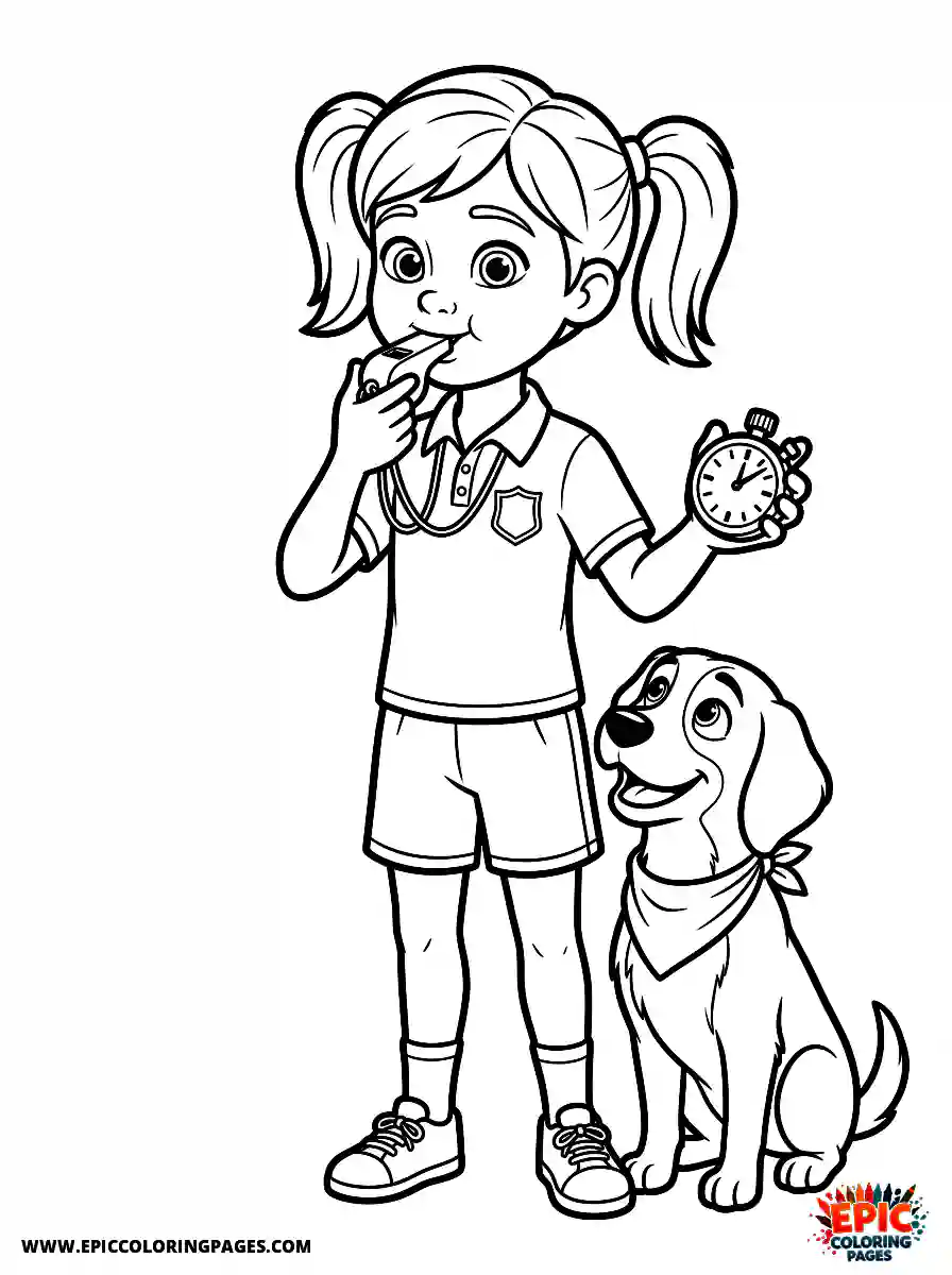 Girl with Dog Girl with dog 3d disney style blowing a referee whistle holding a stopwatch