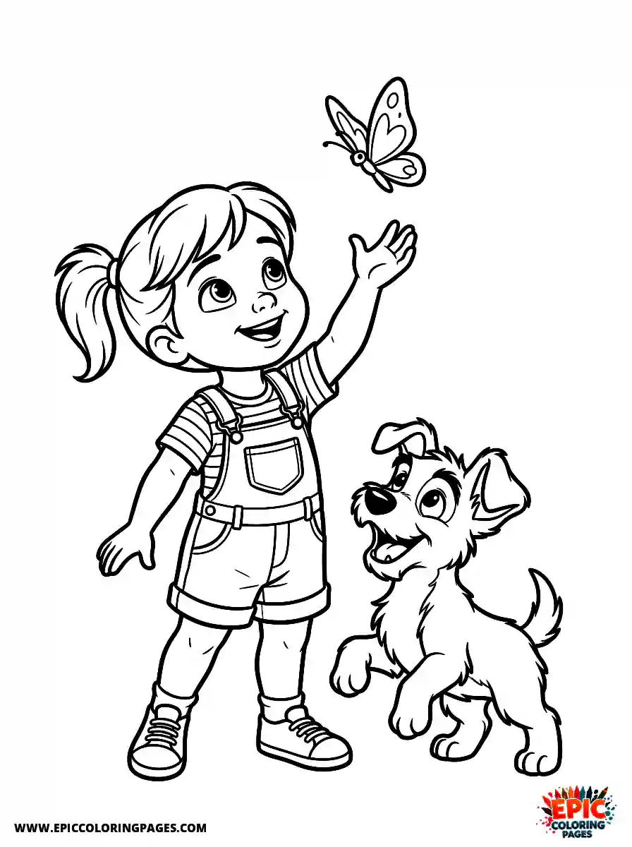 Girl with Dog Girl with dog 3d disney style catching a floating butterfly wearing a denim overalls