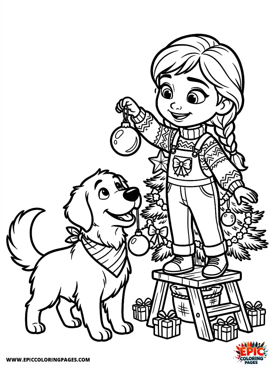 Girl with Dog Girl with dog 3d disney style decorating a small pine tree holding a shiny ornament
