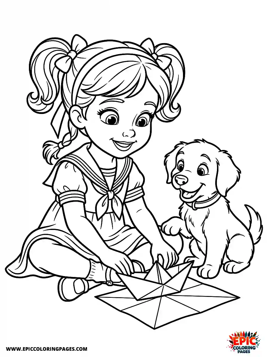 Girl with Dog Girl with dog 3d disney style folding an origami paper boat wearing a sailor collar
