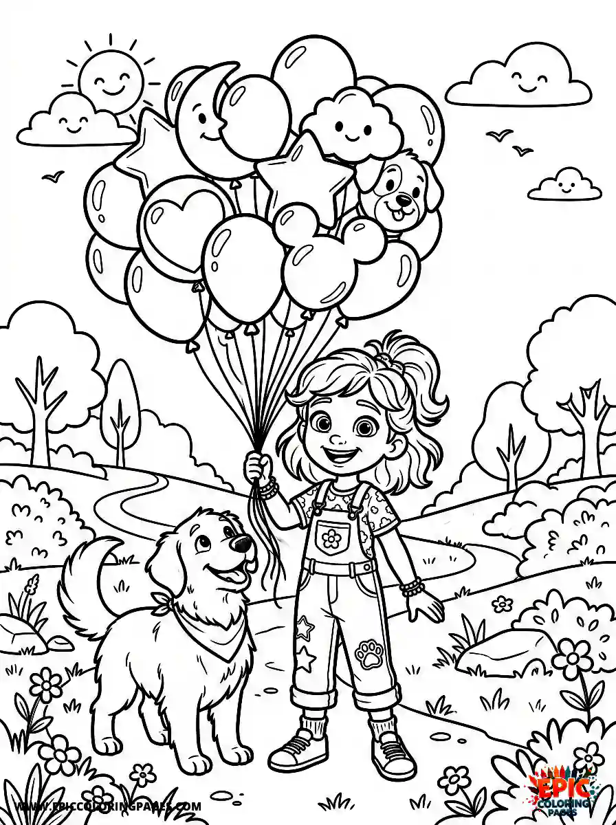 Girl with Dog Girl with dog 3d disney style holding a bundle of helium balloons wearing a joyful smile
