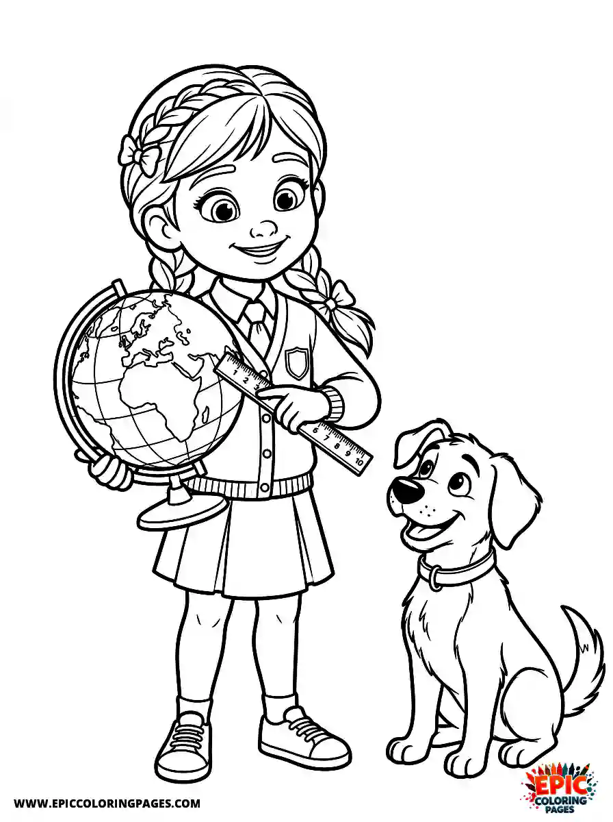Girl with Dog Girl with dog 3d disney style holding a globe pointing with a ruler