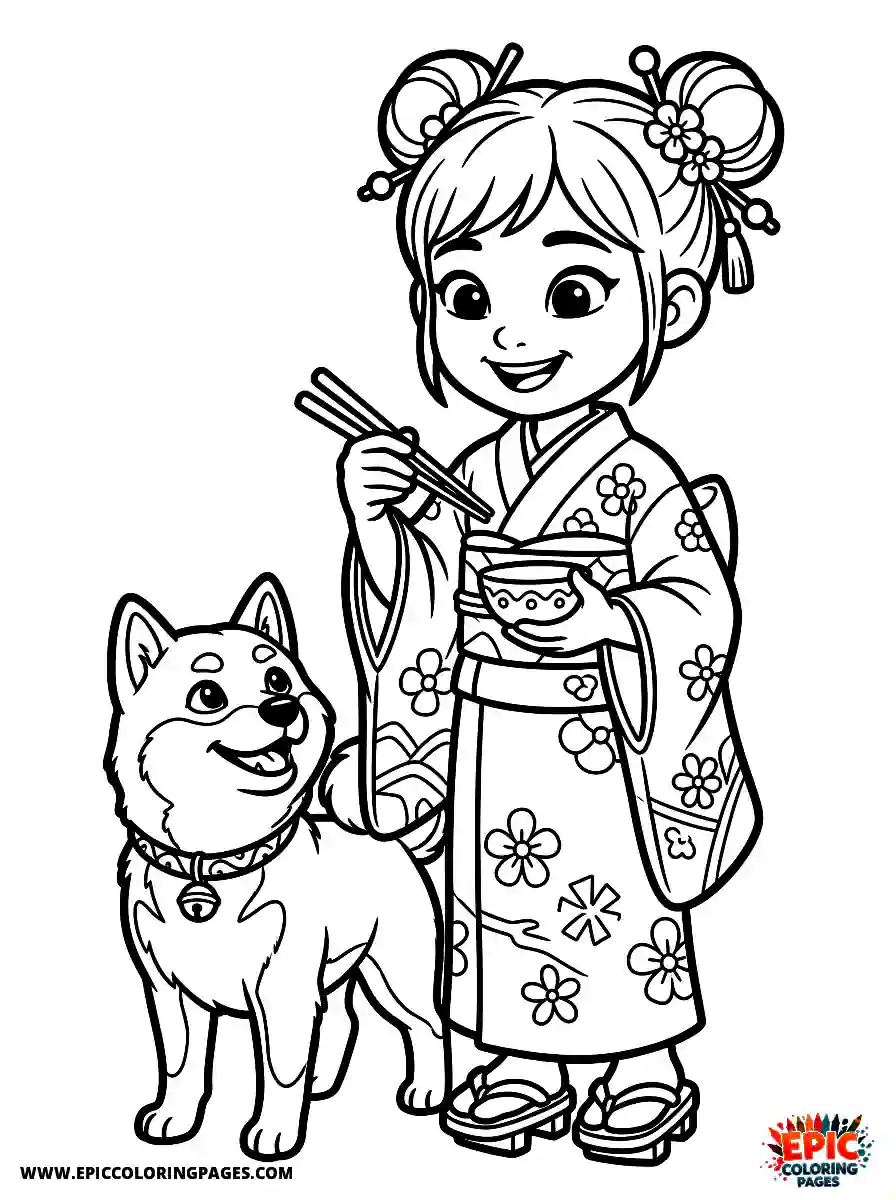 Girl with Dog Girl with dog 3d disney style holding a pair of chopsticks wearing a kimono