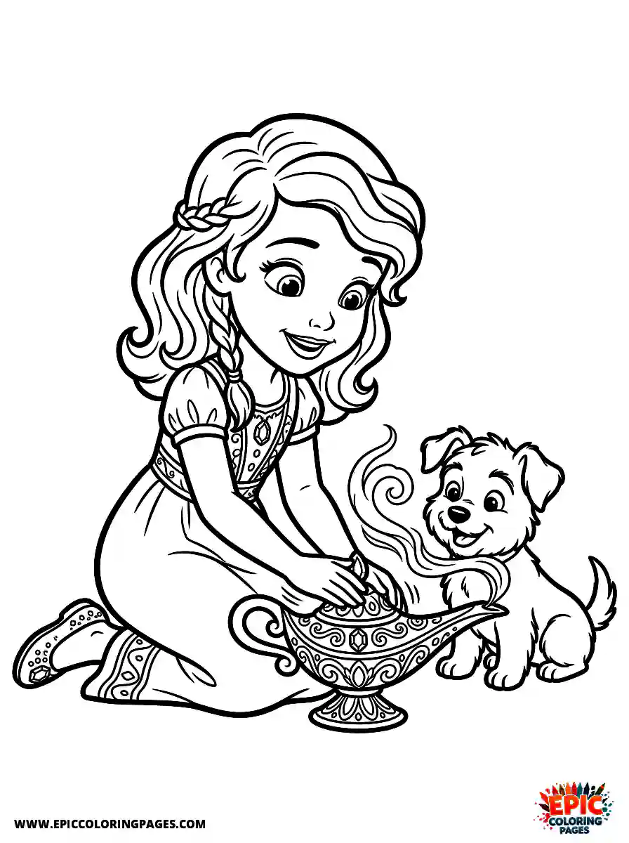 Girl with Dog Girl with dog 3d disney style rubbing a golden magic lamp wearing jeweled slippers