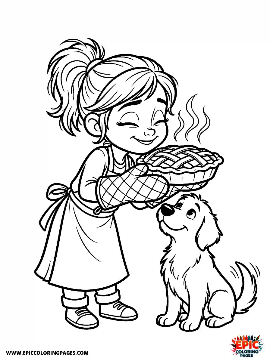 Girl with Dog Girl with dog 3d disney style smelling a fresh baked pie wearing oven mitts