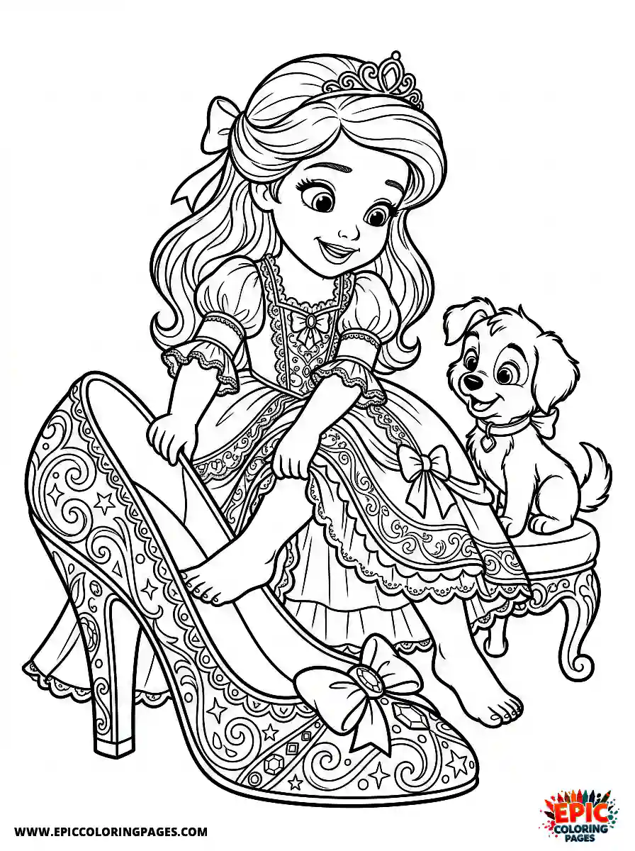 Girl with Dog Girl with dog 3d disney style trying on a huge high heel shoe wearing a princess dress