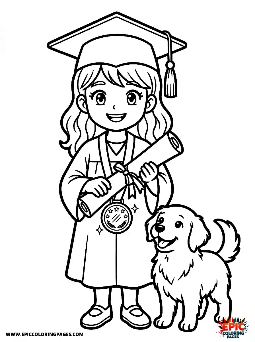 Girl with Dog Girl with dog anime style holding a graduation diploma wearing a shiny medal