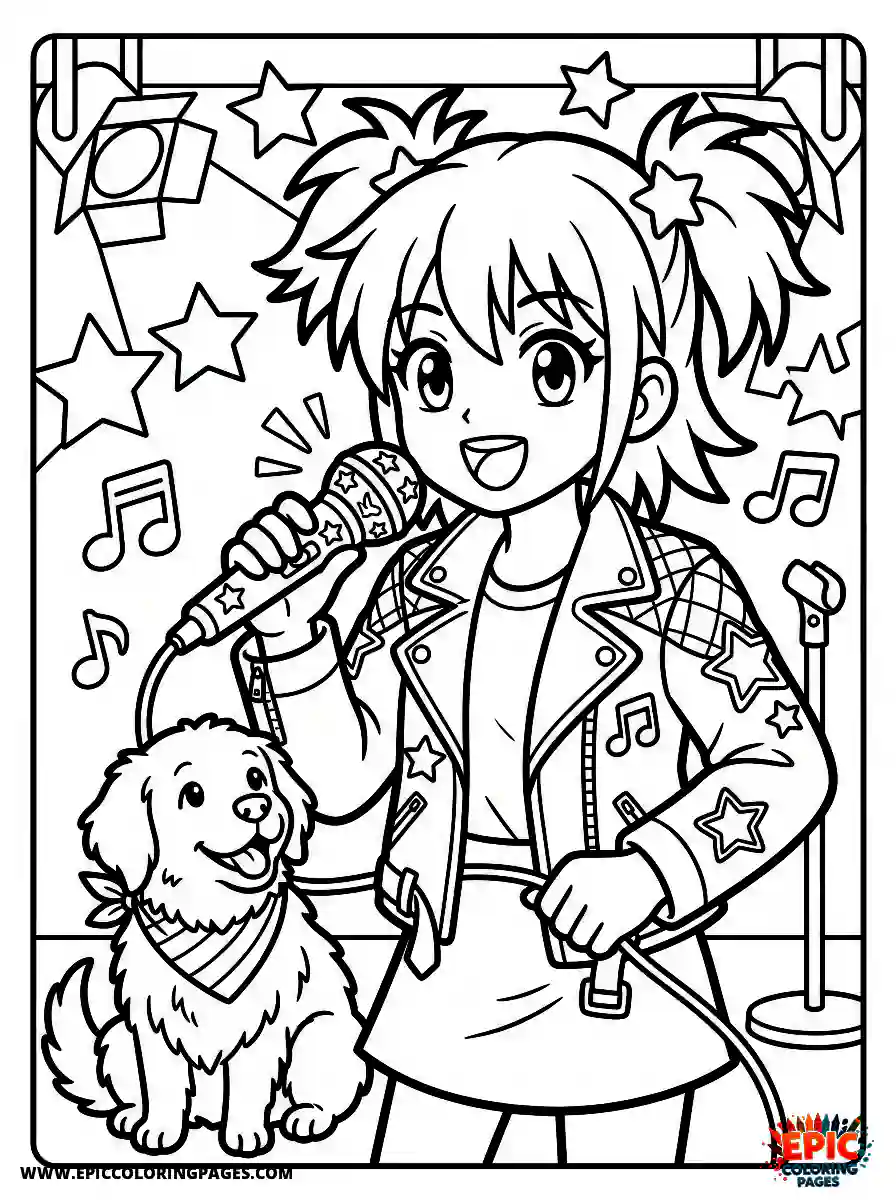 Girl with Dog Girl with dog anime style holding a shiny karaoke microphone wearing a pop star jacket