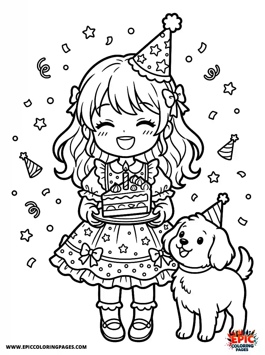 Girl with Dog Girl with dog anime style holding a slice of cake surrounded by floating confetti