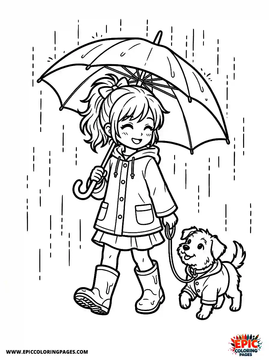 Girl with Dog Girl with dog anime style holding an open umbrella wearing rubber boots
