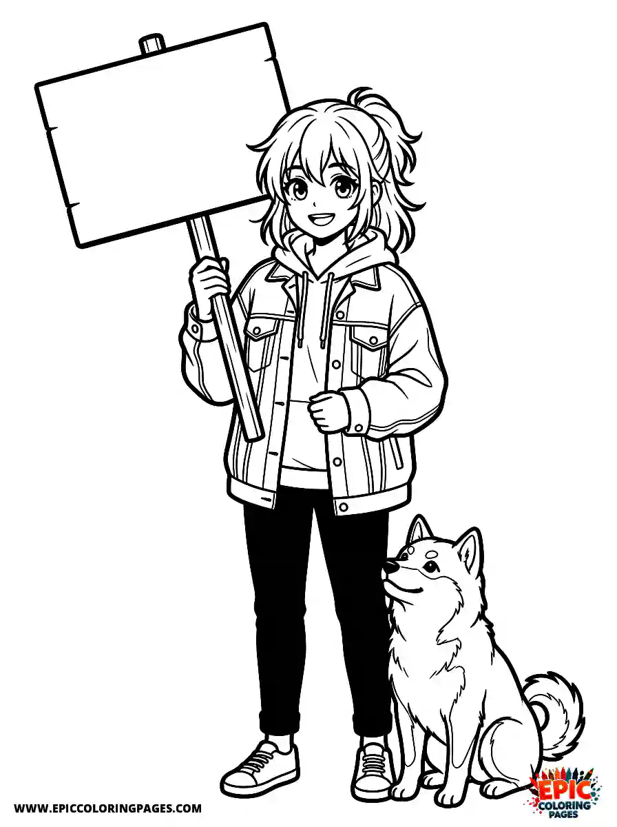 Girl with Dog Girl with dog anime style holding up a blank protest sign wearing a denim jacket