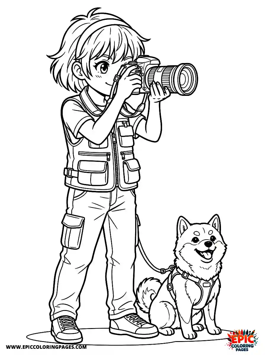 Girl with Dog Girl with dog anime style looking through a camera lens wearing a reporter vest