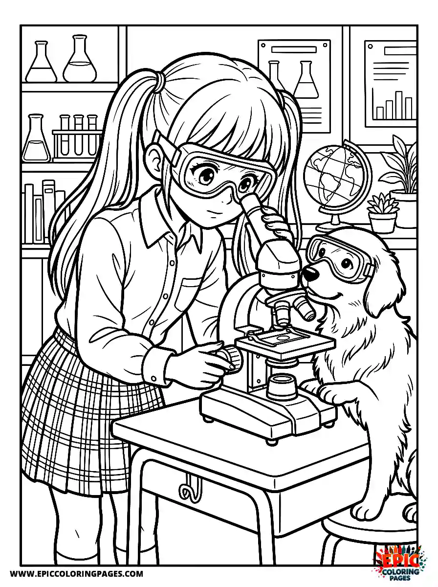 Girl with Dog Girl with dog anime style looking through a microscope wearing safety goggles