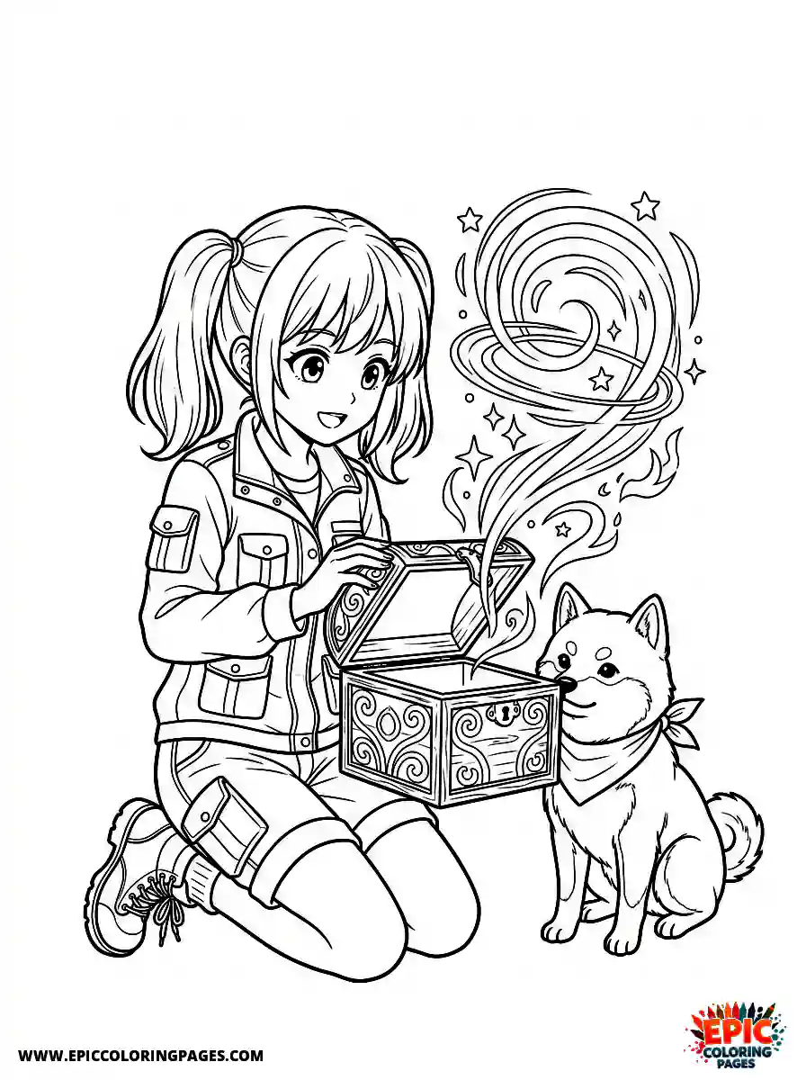 Girl with Dog Girl with dog anime style opening a mysterious glowing box wearing an explorer jacket