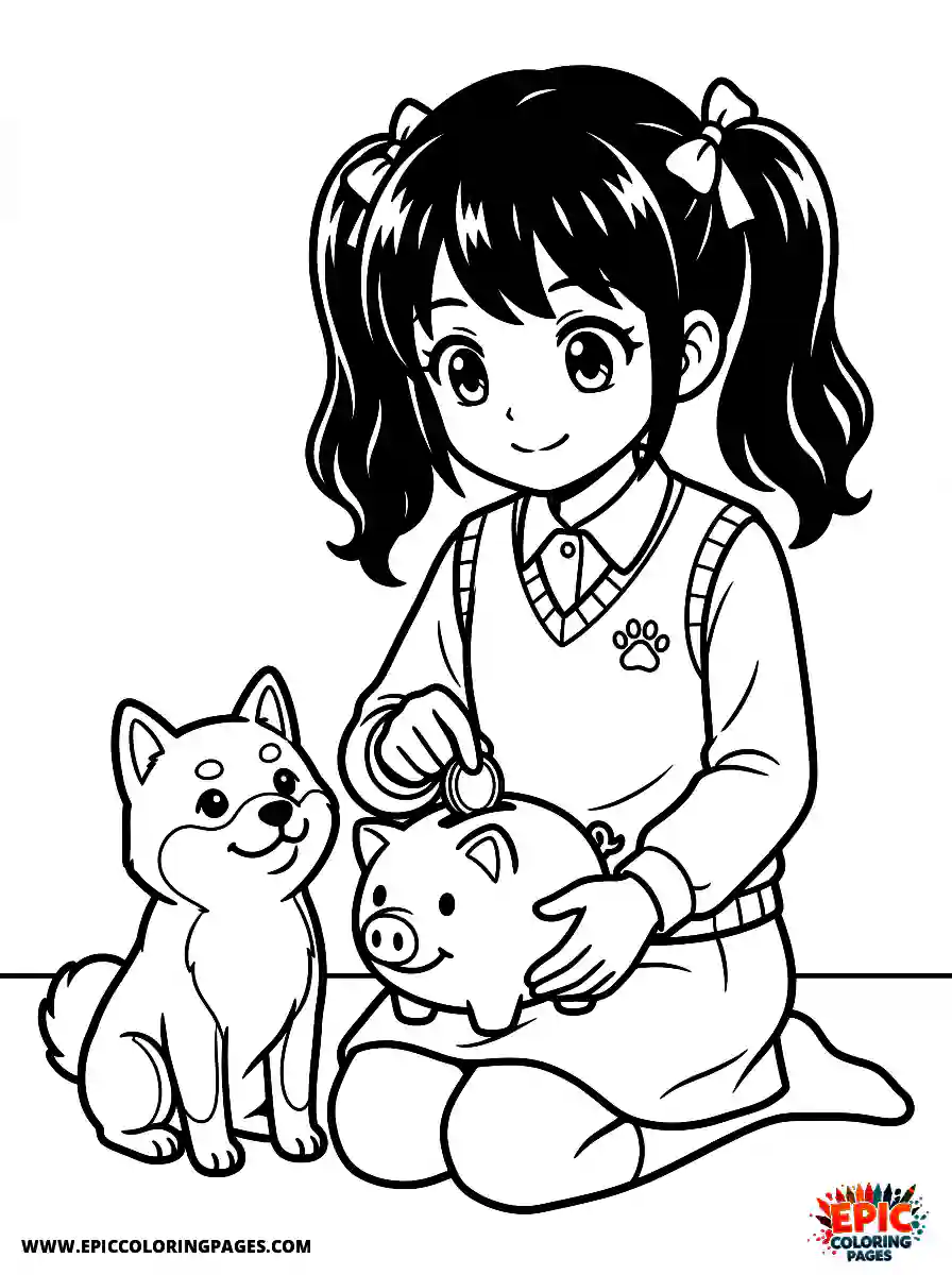 Girl with Dog Girl with dog anime style putting a coin in a piggy bank wearing a smart vest