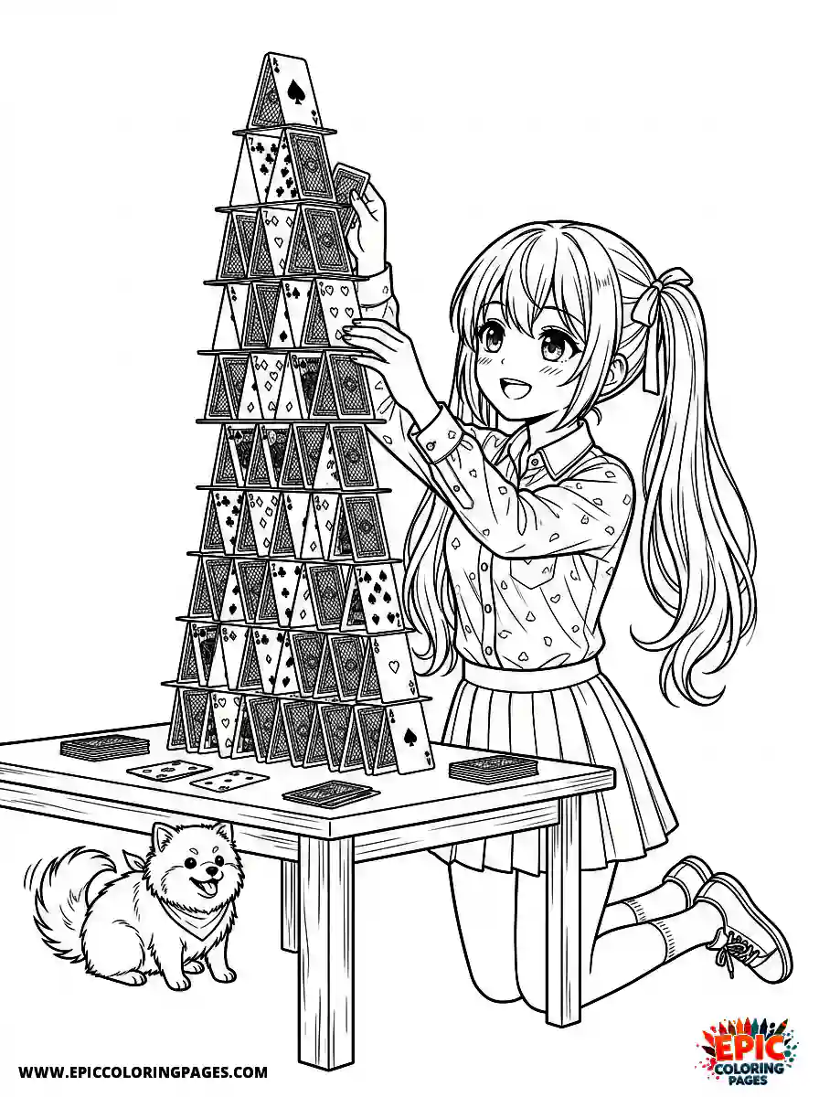Girl with Dog Girl with dog anime style stacking a tall card tower wearing a button up shirt