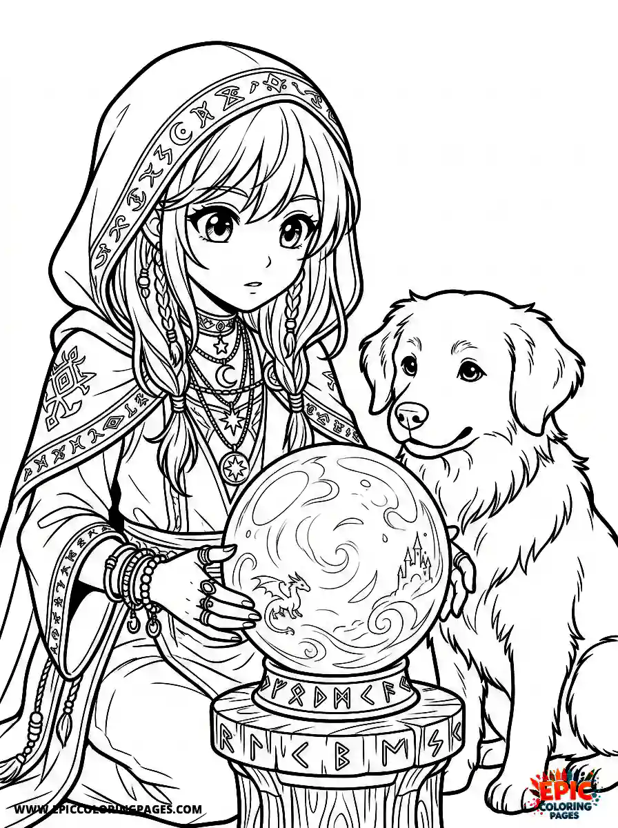 Girl with Dog Girl with dog anime style staring into a crystal ball wearing mystic jewelry